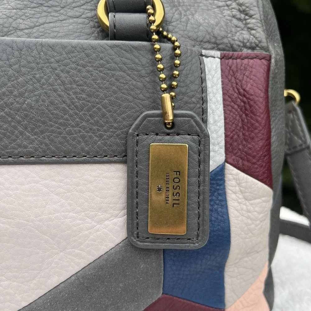 Fossil Satchel Patchwork Leather Geometric Crossbody Bag Purse Gray